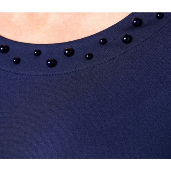 BEAUTIFUL Lawrence Zarian Navy Small Silky Ponte Top Faux Pearls A630470 NWOT - Picture 2 of 9